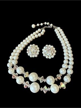 Vintage 1950s Faux Pearl & Aurora Borealis Crystal Necklace & Earring Set MCM